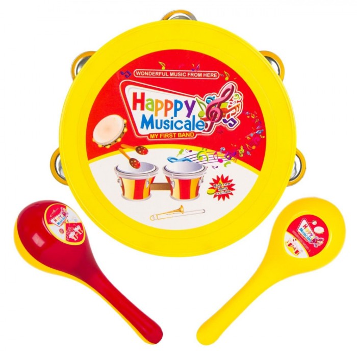 Set Instrumente Muzicale, Happyy Musicale, Tamburina și Maracas, Roșu/Galben, 3 Bucăți