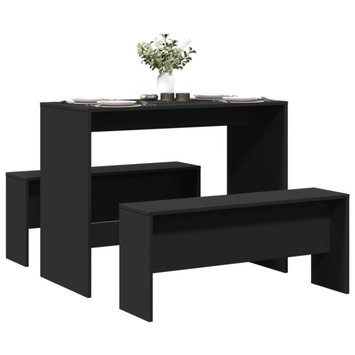 Gossi set masa si banci de bucatarie, 3 piese, negru, lemn prelucrat