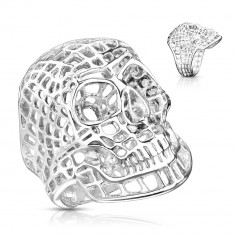 Inel masiv din oțel, culoare argjntie, craniu cu model de plasă - Marime inel: 67