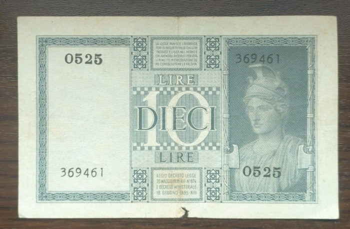 Bancnota Italia - 10 Lire 1939