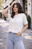 Tricou dama alb din bumbac cu flori brodate