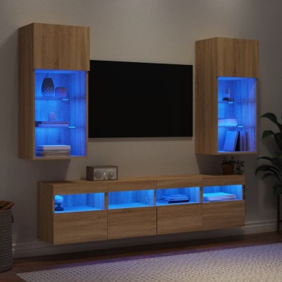 vidaXL Unități de perete TV cu LED-uri, 5 piese, stejar sonoma, lemn 3216745 foto