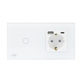 Intrerupator simplu PNI SH115W din sticla cu touch, combinat cu priza Schuko si mufe USB