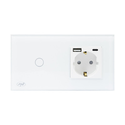 Intrerupator simplu PNI SH115W din sticla cu touch, combinat cu priza Schuko si mufe USB foto