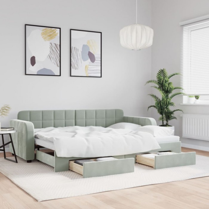 vidaXL Pat de zi cu extensie și sertare, gri deschis 80x200 cm catifea 3196970
