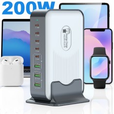 Statie de Incarcare Rapida 200W 8 in 1, PRESTIGE CHARGE&reg;, pentru Laptop, Telefon, Tableta, Gadgeturi, 5 x PD3.0 USB-C, 3 x QC3.0 USB-A, Protectii Avan