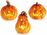 Set 3 figurine Dovleci Halloween ceramica portocalie maro cu led &Oslash; 7 cm x 7 x 10 H