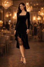 Rochie dama neagra din catifea cu volane si dantela