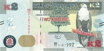 ZAMBIA █ bancnota █ 2 Kwacha █ 2020 █ P-56 █ UNC █ necirculata foto