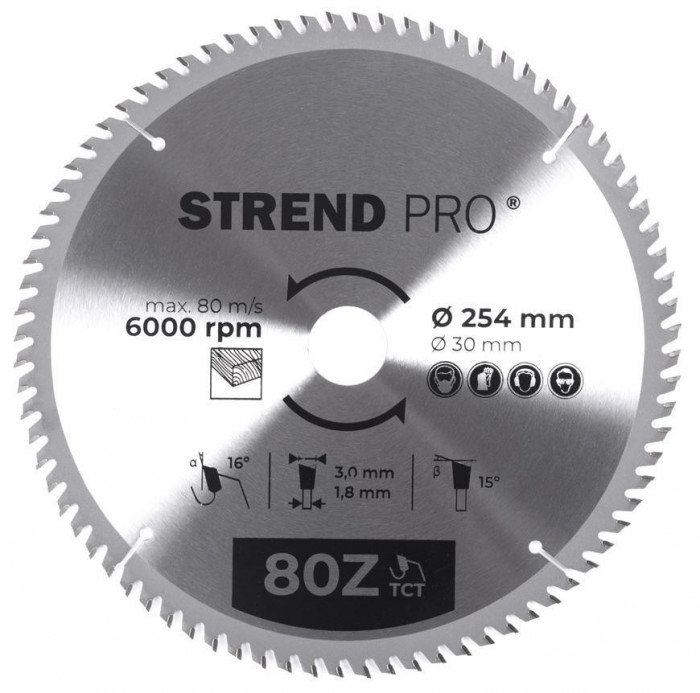 Strend Pro TCT 254x3.0x30/20 mm 80T, p&acirc;nza de ferăstrău pentru lemn, SK feliat