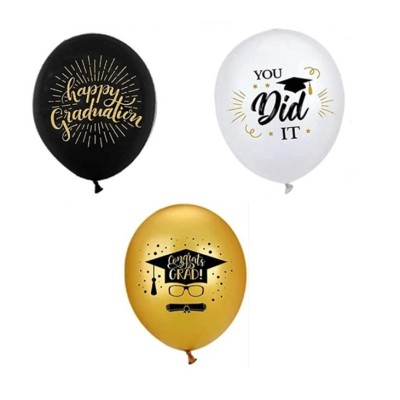 Set 10 Baloane din Latex Metalizate, Cyrax, Model Absolvire, Negru Auriu Alb, 23 cm, 1.4 g foto