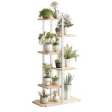 Cumpara ieftin Suport Decorativ pentru Flori, Mercaton, 6 Rafturi din Placi Laminte, Cadru Metalic, 113x60x20 cm, Alb cu Maro