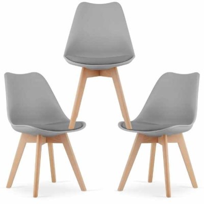 Set 3 Scaune Grosseto, Stil Scandinav cu Picioare din Lemn, Sezut din PP si Perna din Piele Ecologica, Maxim 120 Kg, 49 x 45 x 82 cm, Gri Deschis foto