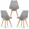 Set 3 Scaune Grosseto, Stil Scandinav cu Picioare din Lemn, Sezut din PP si Perna din Piele Ecologica, Maxim 120 Kg, 49 x 45 x 82 cm, Gri Deschis