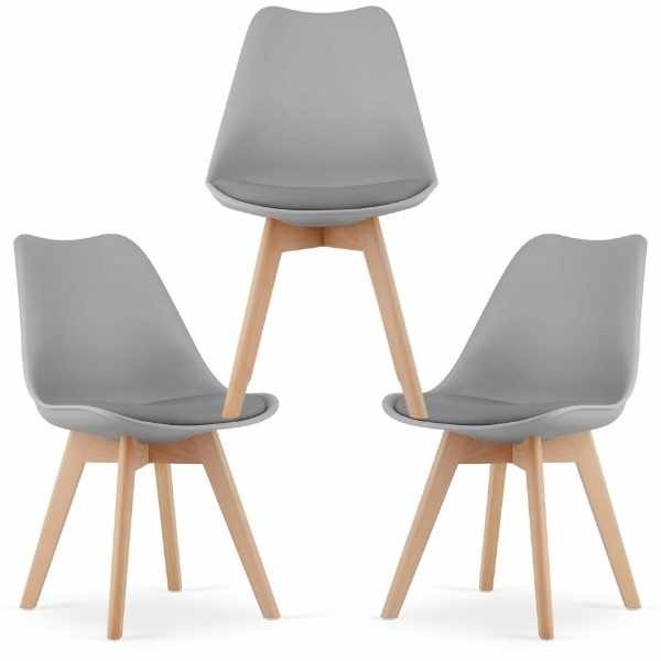Set 3 Scaune Grosseto, Stil Scandinav cu Picioare din Lemn, Sezut din PP si Perna din Piele Ecologica, Maxim 120 Kg, 49 x 45 x 82 cm, Gri Deschis