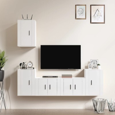 vidaXL Set dulap TV, 5 piese, alb extralucios, lemn prelucrat foto
