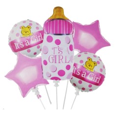 Set 5 baloane folie, 45cm &ndash; 79cm, forma biberon, it&rsquo;s a girl &ndash; baby girl, roz, Ropet