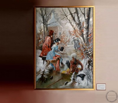 TABLOURI PICTATE MANUAL TABLOU PEISAJ DE IARNA CU PATINATORI PE LAC foto