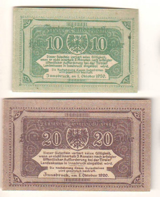 SV * Austria * 2 x NOTGELD 10 si 20 HELLER 1920 * Innsbruck Landul Tirol * AUNC+ foto