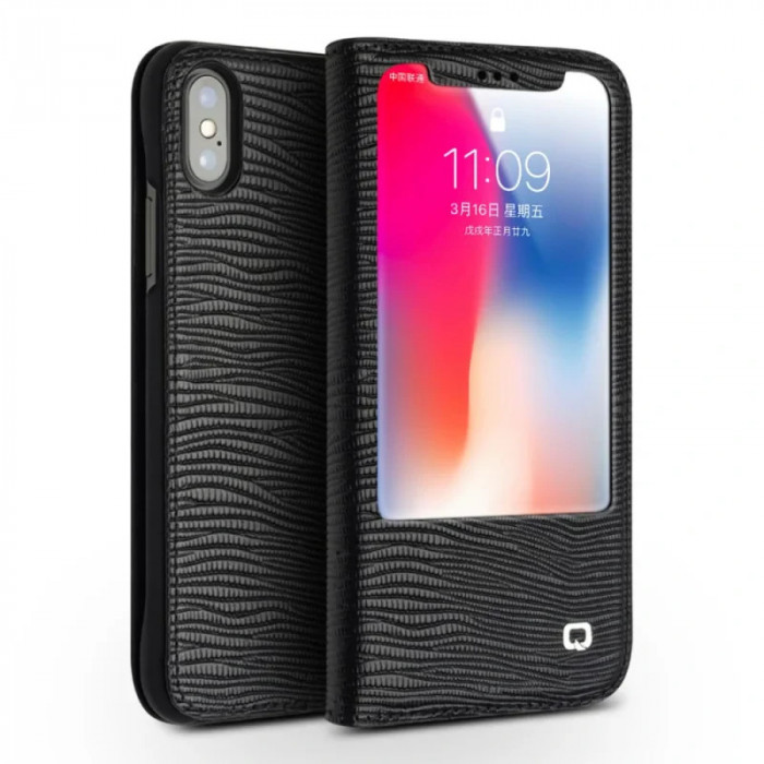 Husa iPhone X/Xs Lizard Texture Qialino Neagra