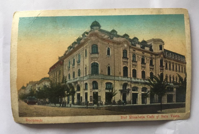 Carte postala veche 1927 Bucuresti B-dul Elisabeta Cafe si Sala Vesta, circulata