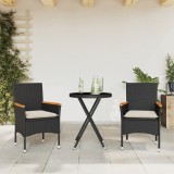VidaXL Set bistro cu perne, 3 piese, negru, poliratan și sticlă