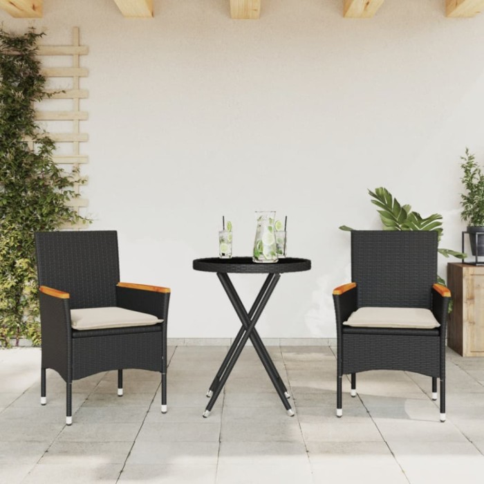 Gossi set bistro cu perne, 3 piese, negru, poliratan si sticla
