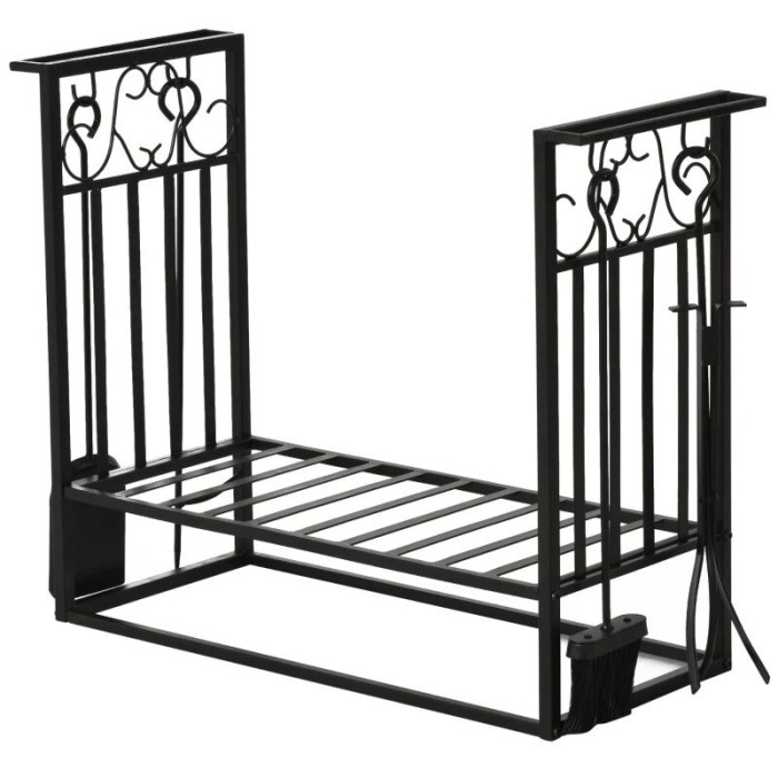 Suport lemne semineu pentru interior/exterior, metalic, negru, cu 4 accesorii, baza inaltata, 75x30x60 cm