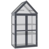 Seră mini Outsunny cu 3 nivele, sere pentru plante cu acoperiș rabatabil, uși duble din lemn, policarbonat rezistent la intemperii, natural, 70,5 x 42