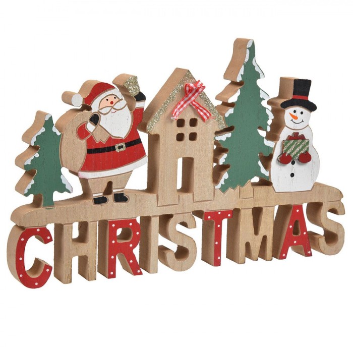 Decoratiune Masa Iarna, Multicolor, 28x17 cm, Lemn, Mos Craciun si Om de Zapada