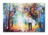 Cumpara ieftin Tablou mire si mireasa pictat manual, Impreuna pe aleea vietii, stilizat, 70x50cm ulei pe panza, gata de expus pe perete