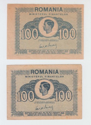 ROMANIA - LOT 2 x 100 LEI 1945 , MIHAI I , B1.183 foto