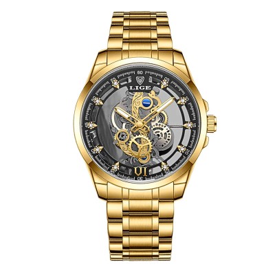 Ceas barbati Lige Auriu Otel Quartz Analog Elegant Business foto