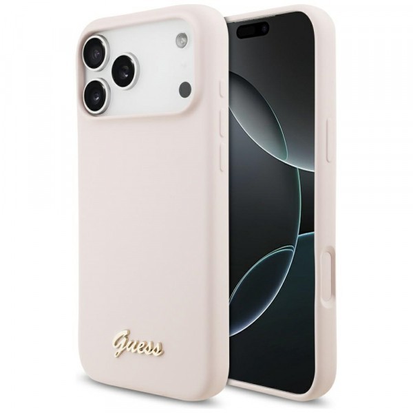 Husa MagSafe pentru Apple iPhone 17 Pro Max, Guess, Script Metal Logo, Roz Deschis