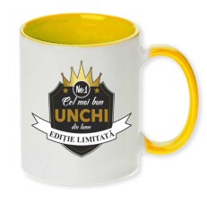 Cana maner galben personalizata &quot;Cel mai bun UNCHI&quot;, INOVATIX&reg;. 330ml
