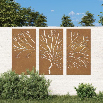 vidaXL Decorațiuni perete de grădină 3 buc. 105x55 cm oțel model copac foto