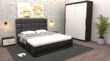 Dormitor Regal cu Pat Tapitat Negru imitatie piele cu dulap usi glisante Wenge fara oglinda si fara comoda Tv