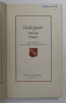 SHAKESPEARE.ANTOLOGIE BILINGVA - DAN DUTESCU , LEON LEVITCHI 1964 foto