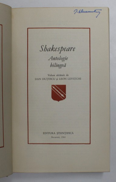 SHAKESPEARE.ANTOLOGIE BILINGVA - DAN DUTESCU , LEON LEVITCHI 1964