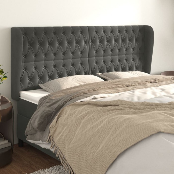 vidaXL Tăblie de pat cu aripioare gri &icirc;nchis 203x23x118/128 cm catifea 3118359