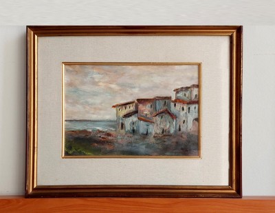 Sat de pescari - pictura in ulei pe panza cu passepartout, rama + sticla 51x41cm foto