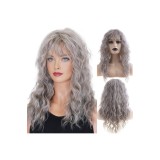 Perucă sintetică rezistentă la căldură pentru femei, cu valuri lungi și bucle, cu franjuri, pentru Halloween, cosplay și petreceri, gri