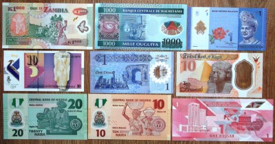 Lot 9 bancnote polimer Mauritania Trinidad Tobago Egipt Nigeria Malaezia Zambia Libia Macedonia UNC ** foto