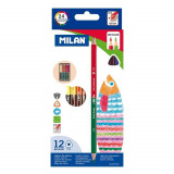 Set 12 Creioane Bicolore MILAN, Corp din Lemn Triunghiular si Doua Capete de Scriere, 24 Culori Diferite, Set Creioane Bicolore, Creioane Colorate Bic