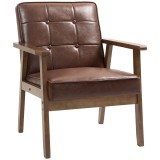 HOMCOM Fotoliu de Living Tapitat Piele Ecologică PU, Spătar Matlasat, Cotiere, Lemn Cauciuc, Maro - Confortabil si Elegant