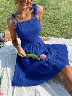 Rochie mini cu volane si bretele subtiri, albastru, dama foto