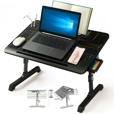 Stand laptop multifunctional tip masuta, Reglabil, Pliabil, 60cm x 40cm x 27cm ~ 40cm, Suport carte, Suport tableta, Sertar depozitare, Negru cu inser foto