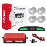 Set senzori de parcare AMiO LED COB cu 4 senzori argintii, afisaj cu buzzer, 12V, raza 0-2,5 m, 40KHz, diametru montaj 22 mm