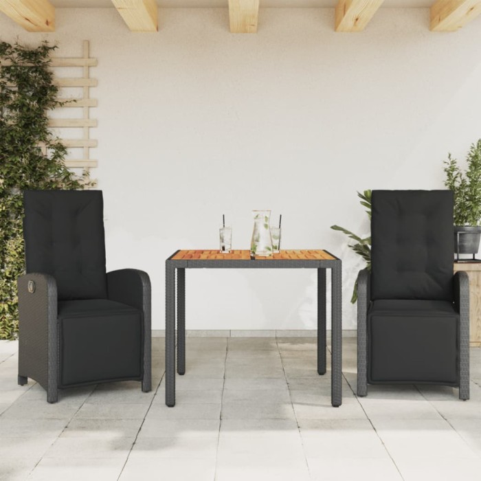 Gossi set bistro cu perne, 3 piese, negru, poliratan