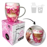 Cana 300 ml din sticla borosilicata, pereti dubli, model flori gypsophila roz, in cutie cadou, JollyMag, SZK149
